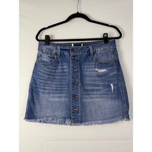 Mudd Denim Mini Skirt Women Size 11 Blue Good Button Front Frayed Hem Distressed